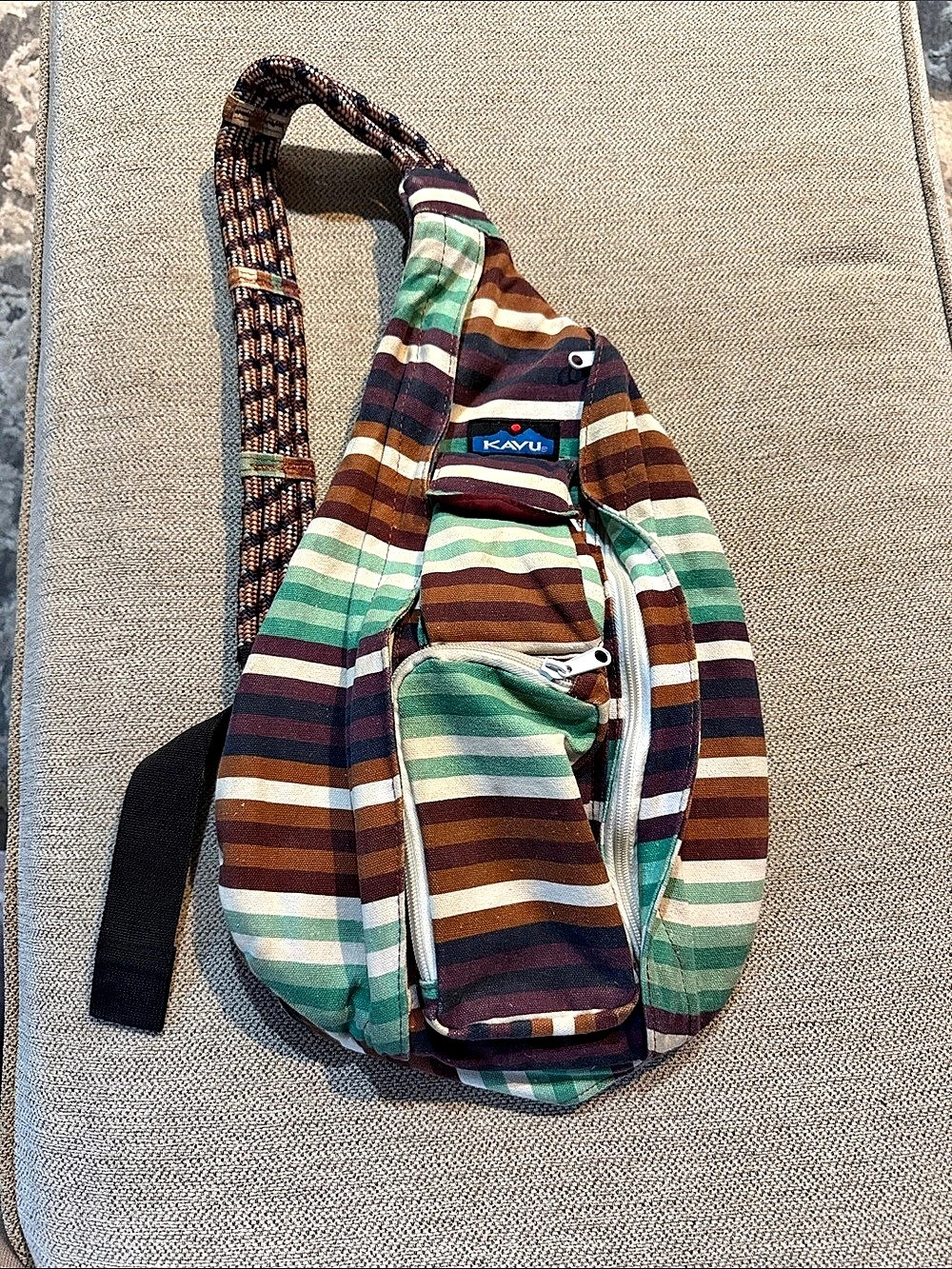 KAVU Original Rope Bag Striped Sling Backpack Green & Brown